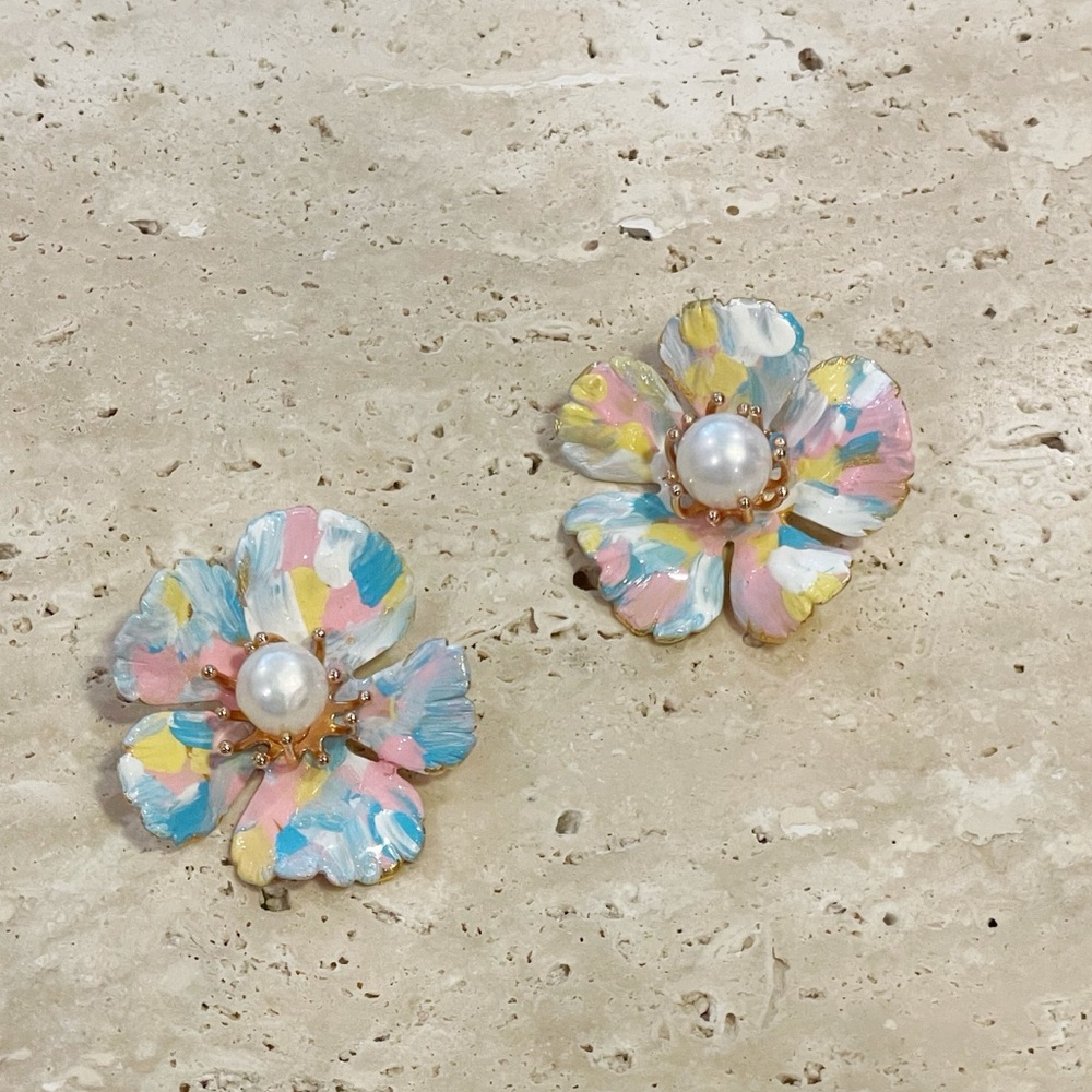 Anthropologie THE PINK REEF Hand-painted Pearl & Flower Earrings In Blue/Pink